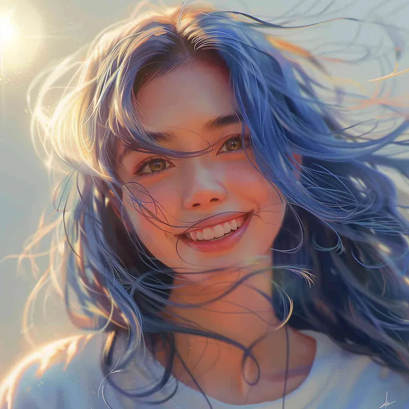 asian women,girl, detailed gorgeous face, hair over one eye, drill hair, dark blue hair, kind smile, detailed beautiful eyes, happy, vibrant, Angelic, shirt, gradient background, Closeup-View, Sunlight, HD  - style3部分
