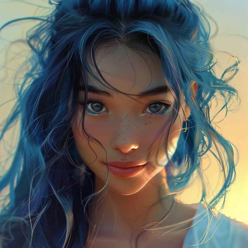 asian women,girl, detailed gorgeous face, hair over one eye, drill hair, dark blue hair, kind smile, detailed beautiful eyes, happy, vibrant, Angelic, shirt, gradient background, Closeup-View, Sunlight, HD  - style4部分
