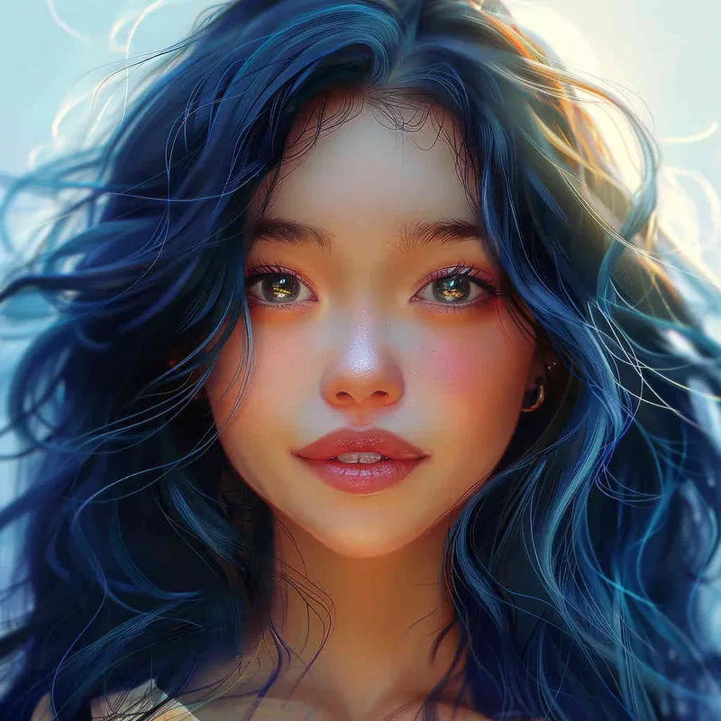asian women,girl, detailed gorgeous face, hair over one eye, drill hair, dark blue hair, kind smile, detailed beautiful eyes, happy, vibrant, Angelic, shirt, gradient background, Closeup-View, Sunlight, HD  - style1部分