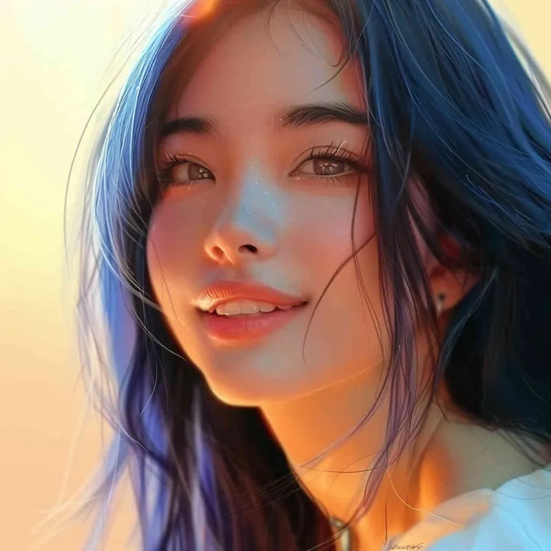 asian women,girl, detailed gorgeous face, hair over one eye, drill hair, dark blue hair, kind smile, detailed beautiful eyes, happy, vibrant, Angelic, shirt, gradient background, Closeup-View, Sunlight, HD  - style2部分