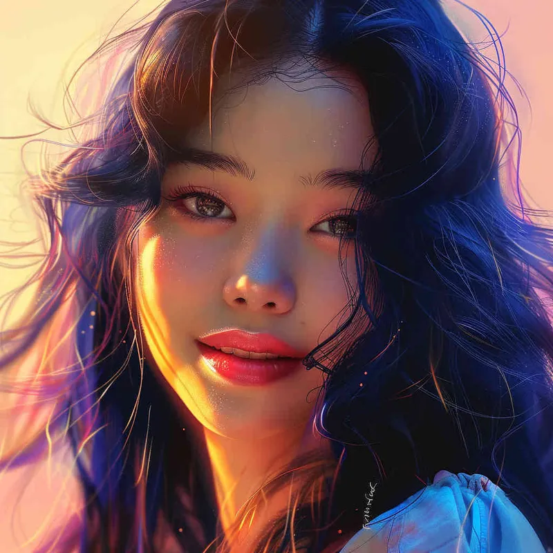 asian women,girl, detailed gorgeous face, hair over one eye, drill hair, dark blue hair, kind smile, detailed beautiful eyes, happy, vibrant, Angelic, shirt, gradient background, Closeup-View, Sunlight, HD  - style3部分