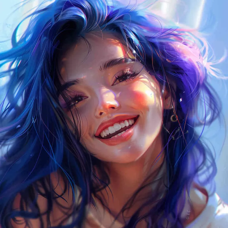 asian women,girl, detailed gorgeous face, hair over one eye, drill hair, dark blue hair, kind smile, detailed beautiful eyes, happy, vibrant, Angelic, shirt, gradient background, Closeup-View, Sunlight, HD  - style4部分