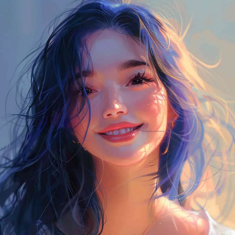 asian women,girl, detailed gorgeous face, hair over one eye, drill hair, dark blue hair, kind smile, detailed beautiful eyes, happy, vibrant, Angelic, shirt, gradient background, Closeup-View, Sunlight, HD  - style1部分