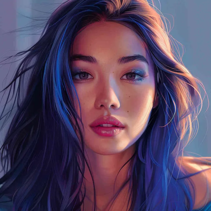 asian women,girl, detailed gorgeous face, hair over one eye, drill hair, dark blue hair, kind smile, detailed beautiful eyes, happy, vibrant, Angelic, shirt, gradient background, Closeup-View, Sunlight, HD  - style4部分