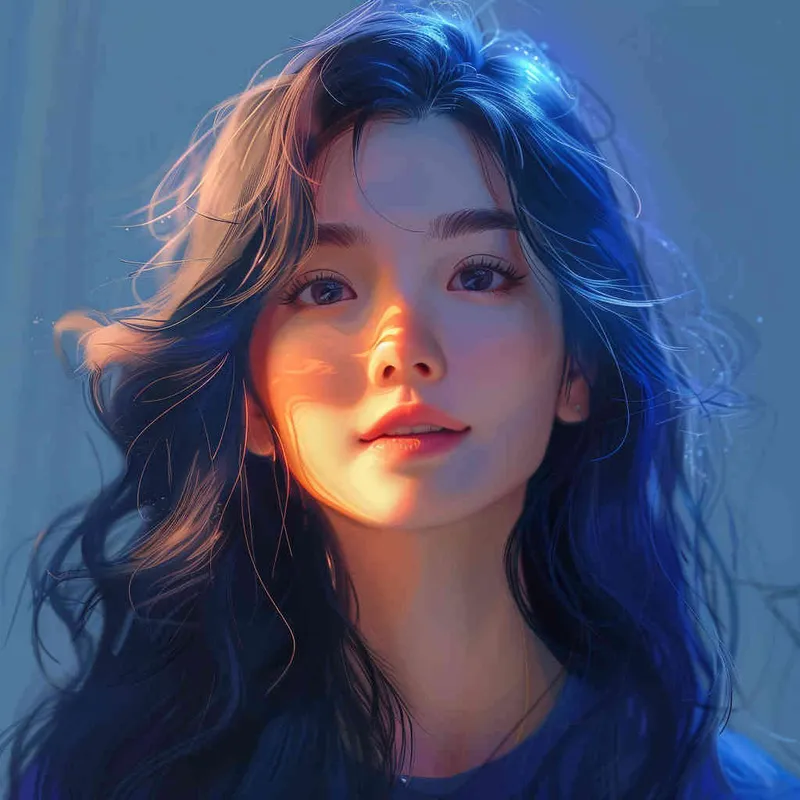 asian women,girl, detailed gorgeous face, hair over one eye, drill hair, dark blue hair, kind smile, detailed beautiful eyes, happy, vibrant, Angelic, shirt, gradient background, Closeup-View, Sunlight, HD  – AI绘画作品展示 | Midjourney中文版生成