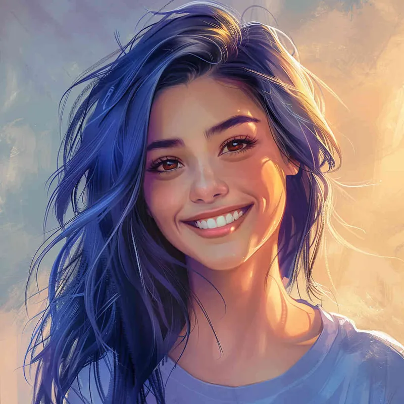 asian women,girl, detailed gorgeous face, hair over one eye, drill hair, dark blue hair, kind smile, detailed beautiful eyes, happy, vibrant, Angelic, shirt, gradient background, Closeup-View, Sunlight, HD  - style2部分