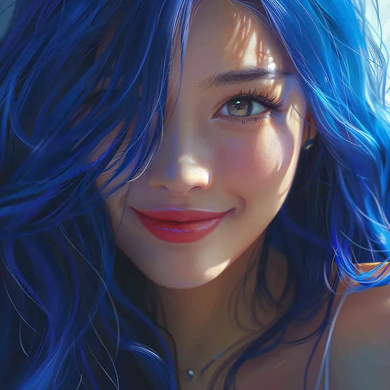 asian women,girl, detailed gorgeous face, hair over one eye, drill hair, dark blue hair, kind smile, detailed beautiful eyes, happy, vibrant, Angelic, shirt, gradient background, Closeup-View, Sunlight, HD  - style3部分