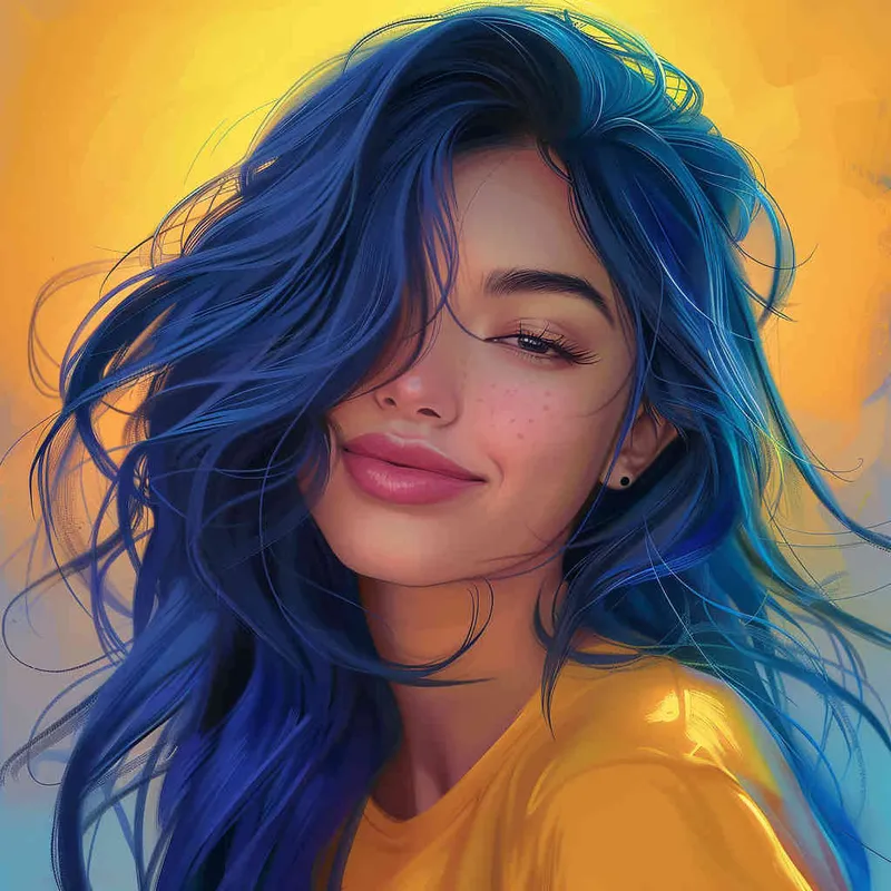 asian women,girl, detailed gorgeous face, hair over one eye, drill hair, dark blue hair, kind smile, detailed beautiful eyes, happy, vibrant, Angelic, shirt, gradient background, Closeup-View, Sunlight, HD  - style4部分