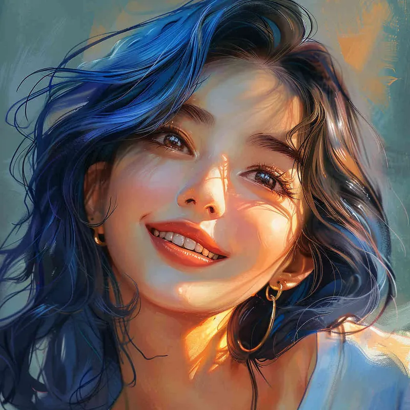 asian women,girl, detailed gorgeous face, hair over one eye, drill hair, dark blue hair, kind smile, detailed beautiful eyes, happy, vibrant, Angelic, shirt, gradient background, Closeup-View, Sunlight, HD - style1部分