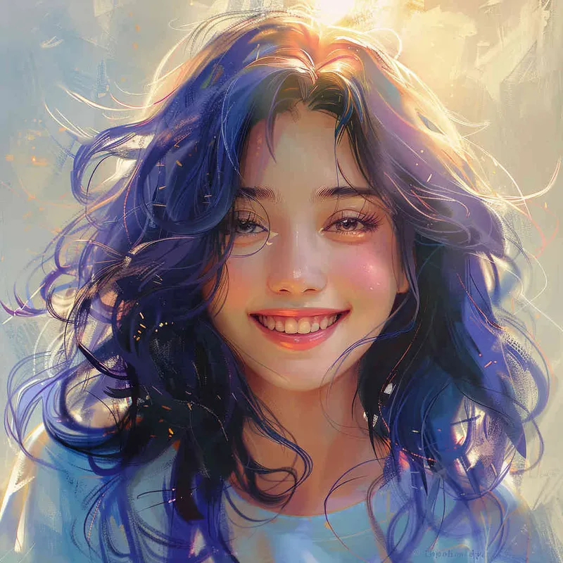 asian women,girl, detailed gorgeous face, hair over one eye, drill hair, dark blue hair, kind smile, detailed beautiful eyes, happy, vibrant, Angelic, shirt, gradient background, Closeup-View, Sunlight, HD - style2部分