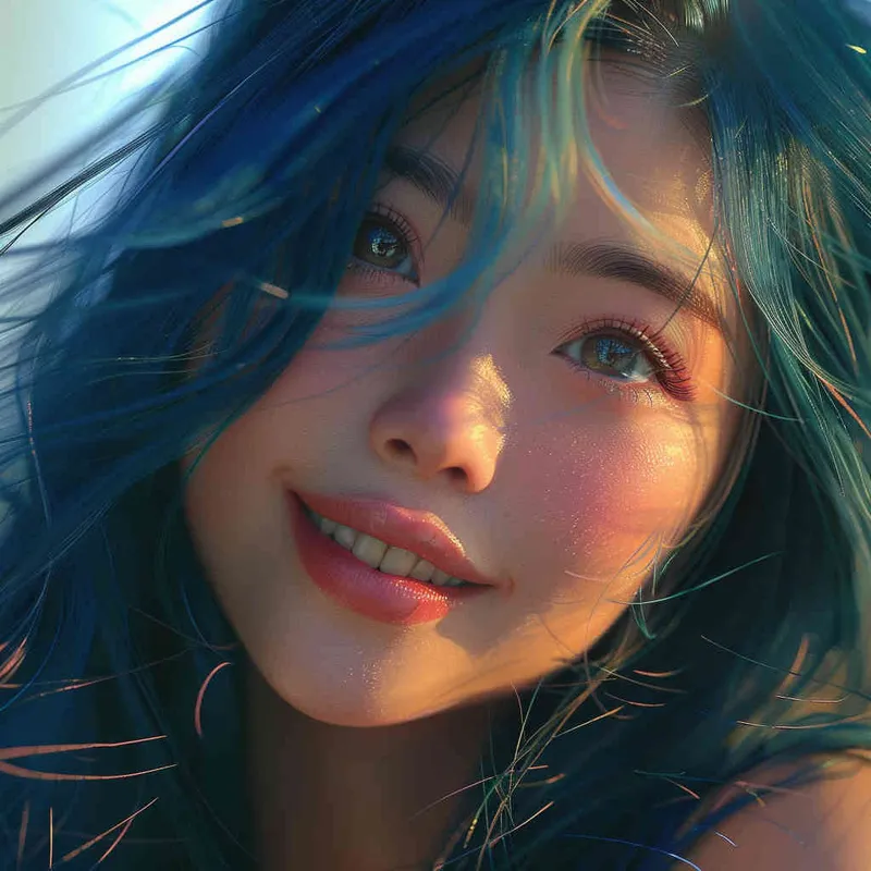 asian women,girl, detailed gorgeous face, hair over one eye, drill hair, dark blue hair, kind smile, detailed beautiful eyes, happy, vibrant, Angelic, shirt, gradient background, Closeup-View, Sunlight, HD - style4部分