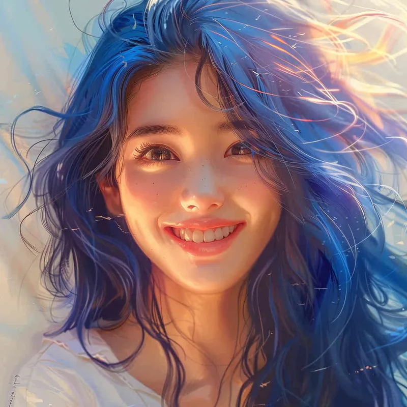 asian girl, detailed gorgeous face, dark blue hair, kind smile, detailed beautiful eyes, happy, vibrant, Angelic, shirt, gradient background, Closeup-View, Sunlight, HD - style1部分