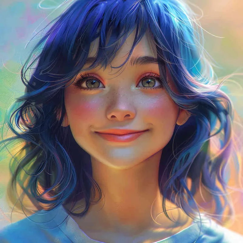asian girl, detailed gorgeous face, dark blue hair, kind smile, detailed beautiful eyes, happy, vibrant, Angelic, shirt, gradient background, Closeup-View, Sunlight, HD - style2部分