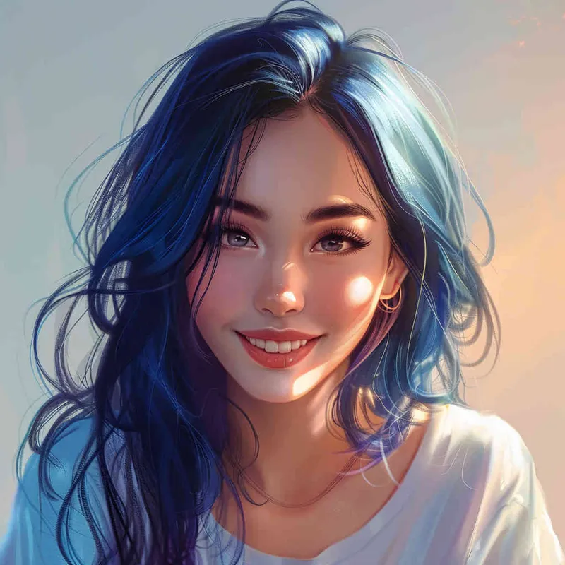 asian girl, detailed gorgeous face, dark blue hair, kind smile, detailed beautiful eyes, happy, vibrant, Angelic, shirt, gradient background, Closeup-View, Sunlight, HD - style3部分