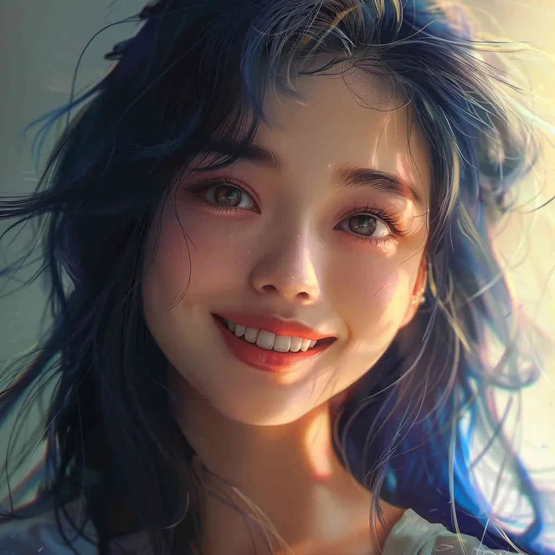 asian girl, detailed gorgeous face, dark blue hair, kind smile, detailed beautiful eyes, happy, vibrant, Angelic, shirt, gradient background, Closeup-View, Sunlight, HD - style4部分