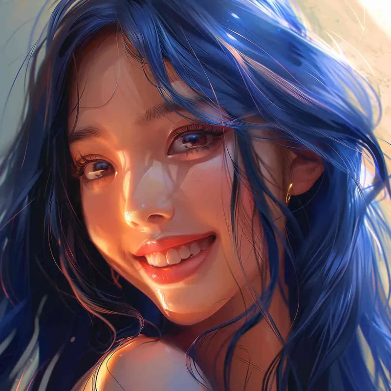 asian girl, detailed gorgeous face, dark blue hair, kind smile, detailed beautiful eyes, happy, vibrant, Angelic, shirt, gradient background, Closeup-View, Sunlight, HD - style1部分