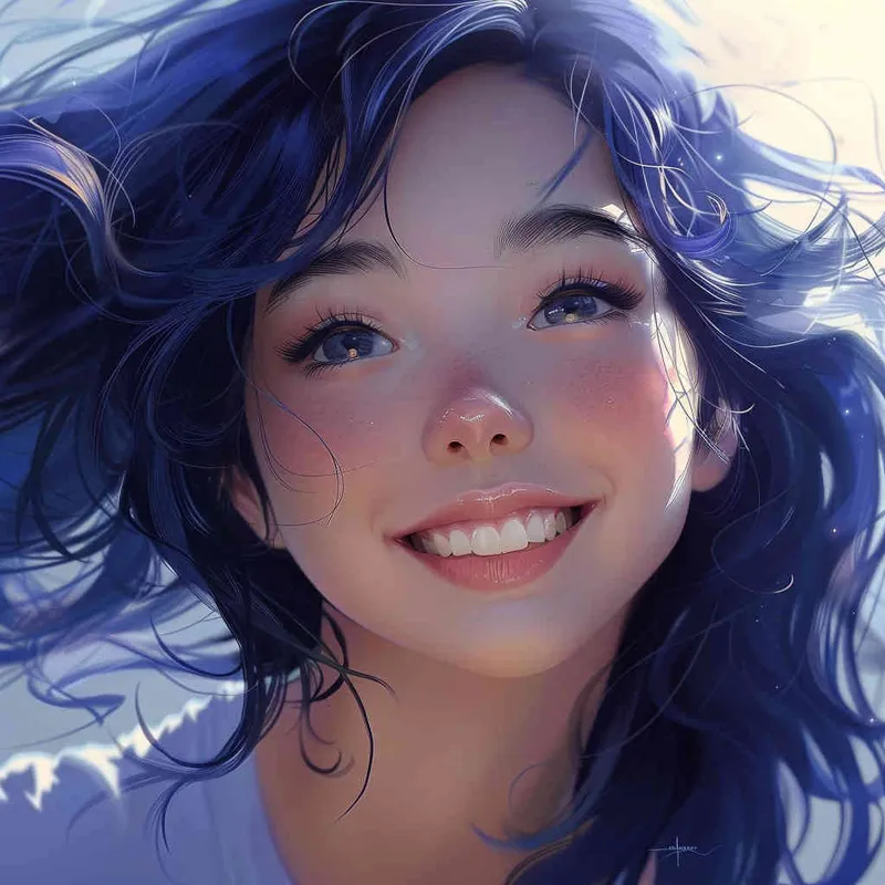 asian girl, detailed gorgeous face, dark blue hair, kind smile, detailed beautiful eyes, happy, vibrant, Angelic, shirt, gradient background, Closeup-View, Sunlight, HD - style3部分