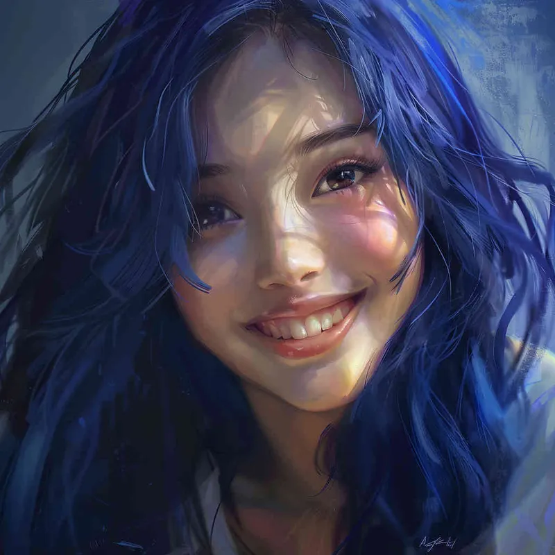 asian girl, detailed gorgeous face, dark blue hair, kind smile, detailed beautiful eyes, happy, vibrant, Angelic, shirt, gradient background, Closeup-View, Sunlight, HD - style4部分