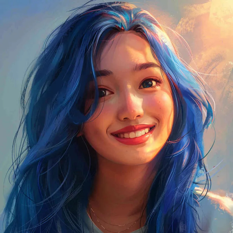 asian girl, detailed gorgeous face, dark blue hair, kind smile, detailed beautiful eyes, happy, vibrant, Angelic, shirt, gradient background, Closeup-View, Sunlight, HD  - style3部分