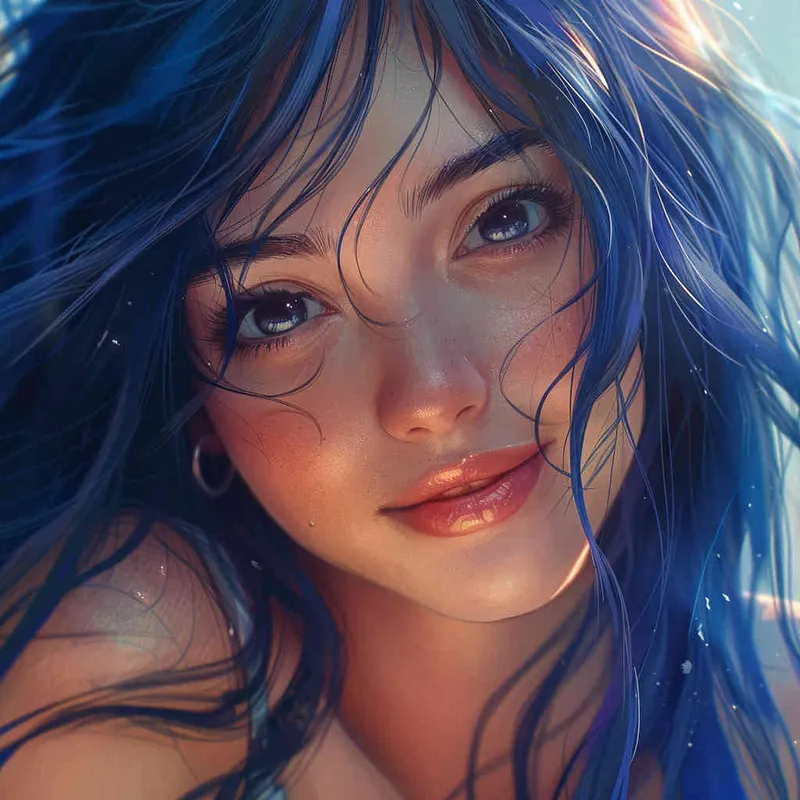 asian girl, detailed gorgeous face, dark blue hair, kind smile, detailed beautiful eyes, happy, vibrant, Angelic, shirt, gradient background, Closeup-View, Sunlight, HD  - style4部分
