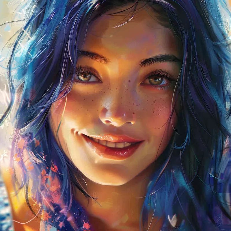 asian girl, detailed gorgeous face, dark blue hair, kind smile, detailed beautiful eyes, happy, vibrant, Angelic, shirt, gradient background, Closeup-View, Sunlight, HD - style1部分