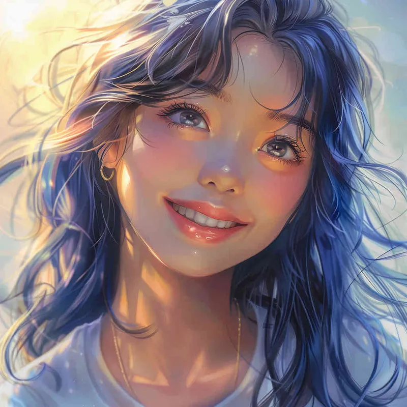 asian girl, detailed gorgeous face, dark blue hair, kind smile, detailed beautiful eyes, happy, vibrant, Angelic, shirt, gradient background, Closeup-View, Sunlight, HD - style2部分