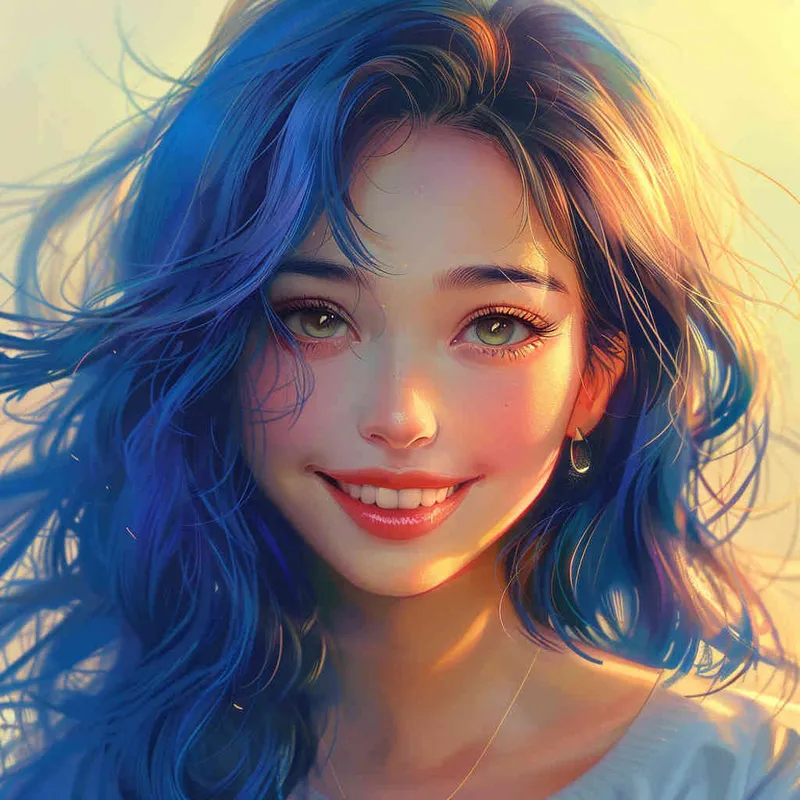 asian girl, detailed gorgeous face, dark blue hair, kind smile, detailed beautiful eyes, happy, vibrant, Angelic, shirt, gradient background, Closeup-View, Sunlight, HD - style3部分