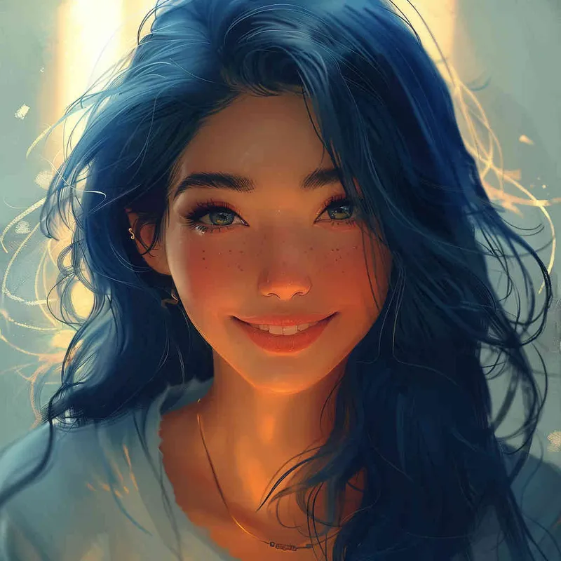 asian girl, detailed gorgeous face, dark blue hair, kind smile, detailed beautiful eyes, happy, vibrant, Angelic, shirt, gradient background, Closeup-View, Sunlight, HD - style4部分