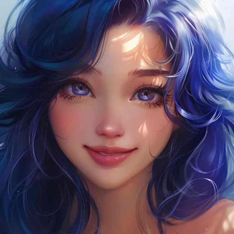 asian girl, detailed gorgeous face, dark blue hair, kind smile, detailed beautiful eyes, happy, vibrant, Angelic, gradient background - style2部分