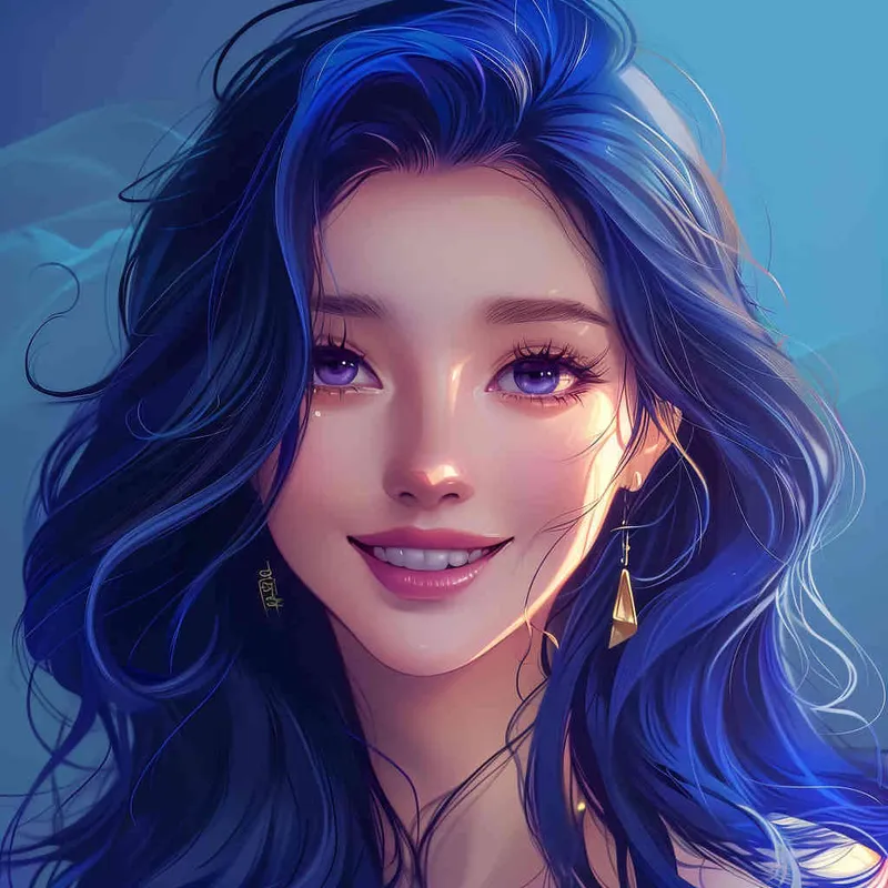 asian girl, detailed gorgeous face, dark blue hair, kind smile, detailed beautiful eyes, happy, vibrant, Angelic, gradient background - style3部分