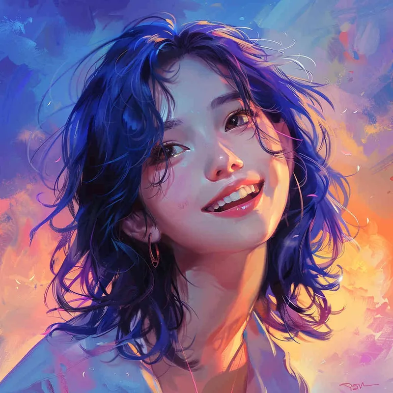 asian girl, detailed gorgeous face, dark blue hair, kind smile, detailed beautiful eyes, happy, vibrant, Angelic, gradient background - style4部分