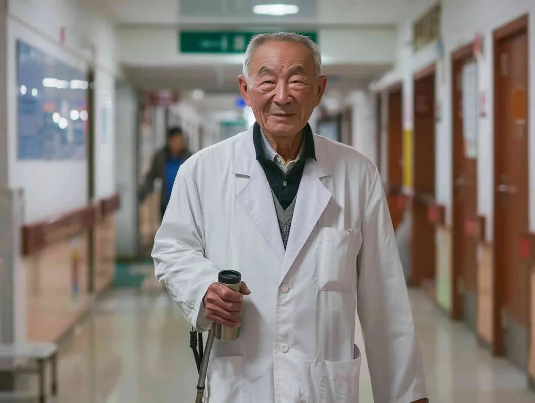 70岁，中国面孔，男，穿着白大褂，手持保温杯，听诊器，小碎步，慢慢地走，医院门诊，沧桑，疲惫，慈祥，和蔼，温柔 - style1部分