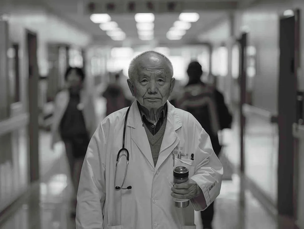 70岁，中国面孔，男，穿着白大褂，手持保温杯，听诊器，小碎步，慢慢地走，医院门诊，沧桑，疲惫，慈祥，和蔼，温柔 - style3部分