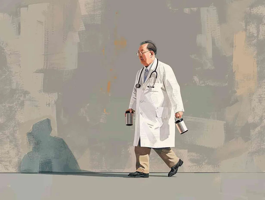 70岁，中国面孔，男，穿着白大褂，手持保温杯，听诊器，小碎步，慢慢地走，医院门诊，沧桑，疲惫，慈祥，和蔼，温柔 - style2部分