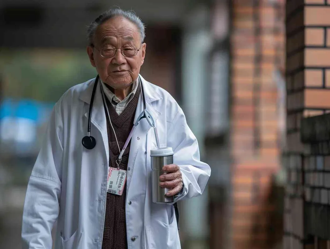 70岁，中国面孔，男，穿着白大褂，手持保温杯，听诊器，小碎步，慢慢地走，医院门诊，现代环境，真实，沧桑，疲惫，慈祥，和蔼，温柔  - style2部分