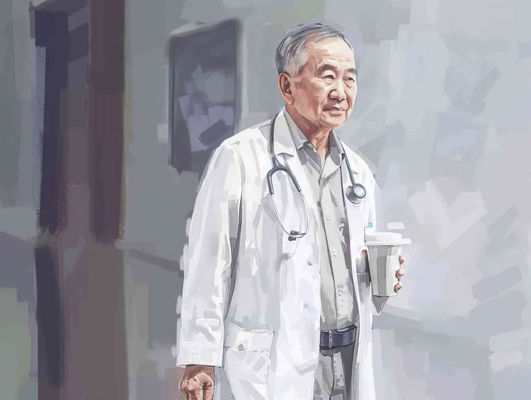 70岁，中国面孔，男，穿着白大褂，手持保温杯，听诊器，小碎步，慢慢地走，医院门诊，现代环境，真实，沧桑，疲惫，慈祥，和蔼，温柔  - style3部分