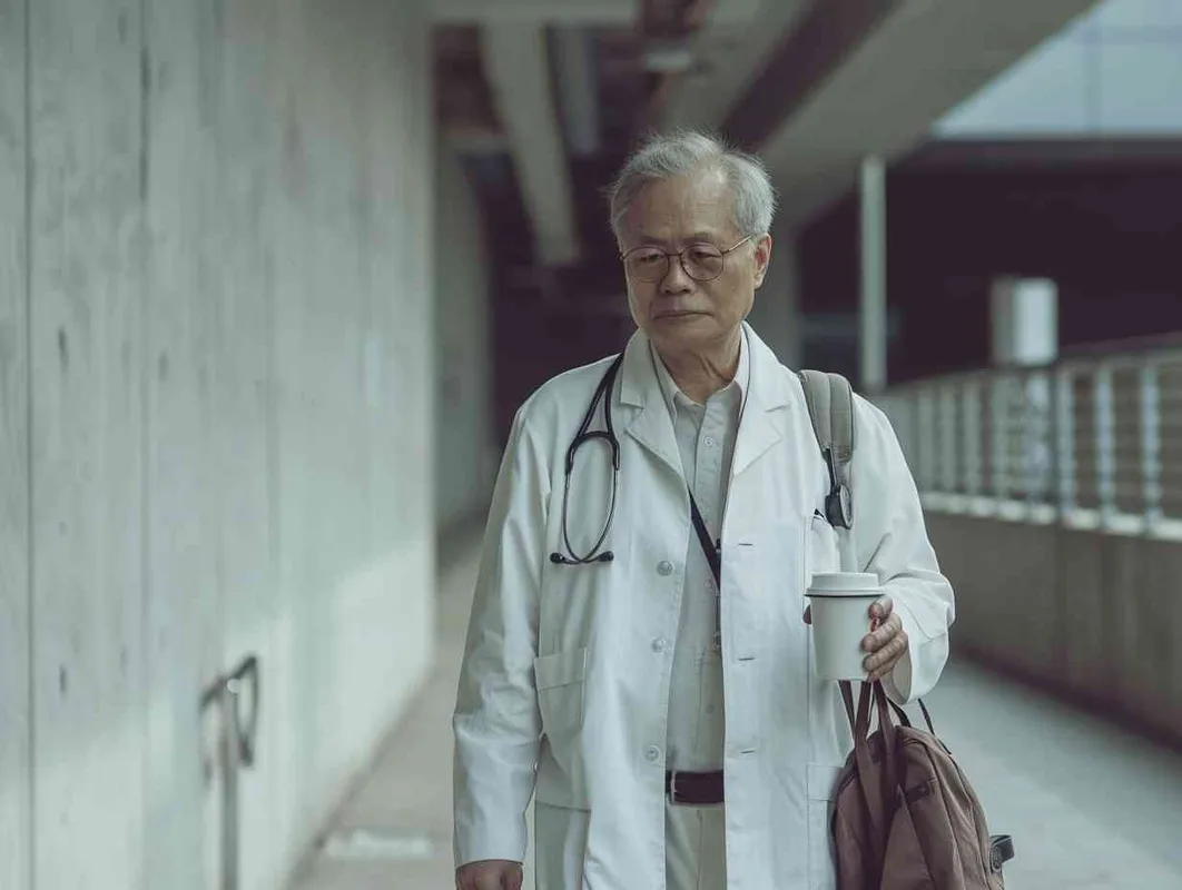 70岁，中国面孔，男，穿着白大褂，手持保温杯，听诊器，小碎步，戴眼镜，慢慢地走，医院门诊，现代环境，真实，沧桑，疲惫，慈祥，和蔼，温柔 - style2部分