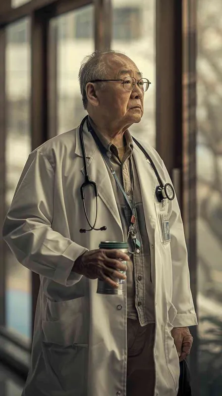 70岁，中国面孔，男，穿着白大褂，手持保温杯，听诊器，小碎步，戴眼镜，慢慢地走，医院门诊，现代环境，真实，沧桑，疲惫，慈祥，和蔼，温柔 – AI绘画作品展示 | Midjourney中文版生成
