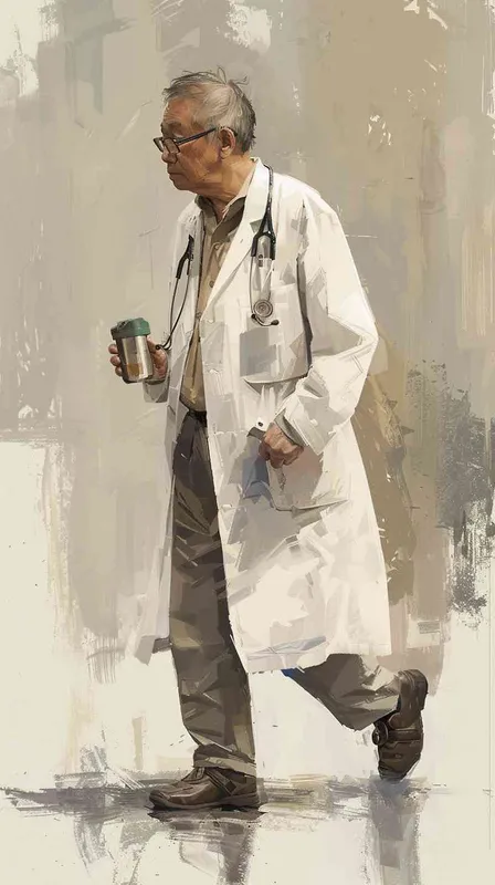 70岁，中国面孔，男，穿着白大褂，手持保温杯，听诊器，小碎步，戴眼镜，慢慢地走，医院门诊，现代环境，真实，沧桑，疲惫，慈祥，和蔼，温柔 - AI绘画作品展示 | Midjourney中文版生成