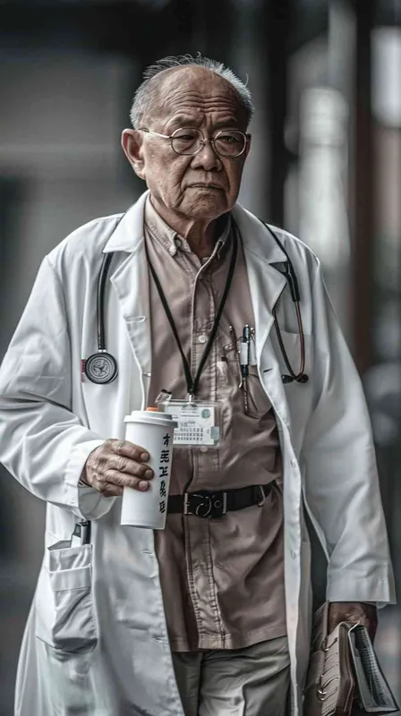 70岁，中国面孔，男，穿着白大褂，手持保温杯，听诊器，小碎步，戴眼镜，慢慢地走，医院门诊，现代环境，真实，沧桑，疲惫，慈祥，和蔼，温柔 - AI绘画作品展示 | Midjourney中文版生成