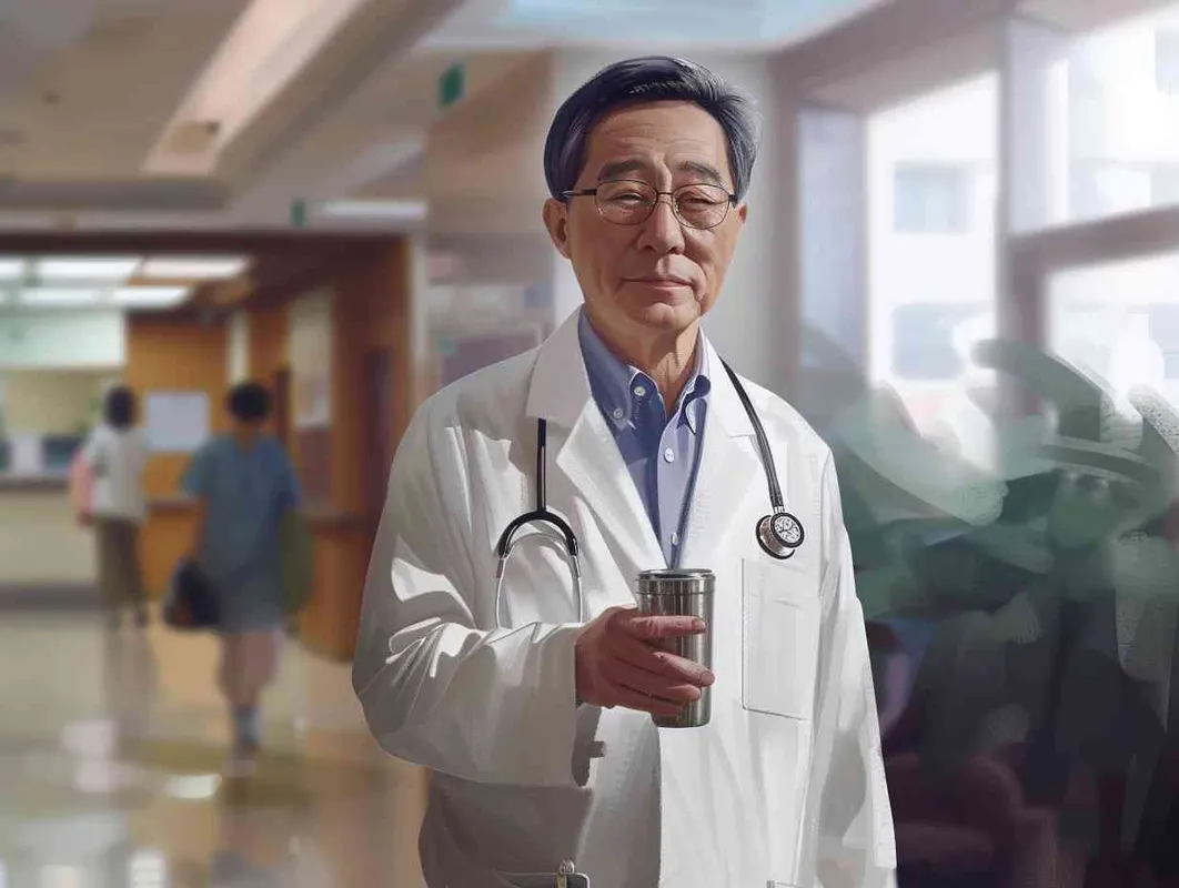 70岁，中国面孔，男，穿着白大褂，手持保温杯，听诊器，小碎步，戴眼镜，慢慢地走，医院门诊，现代环境，真实，沧桑，疲惫，慈祥，和蔼，温柔 - style1部分
