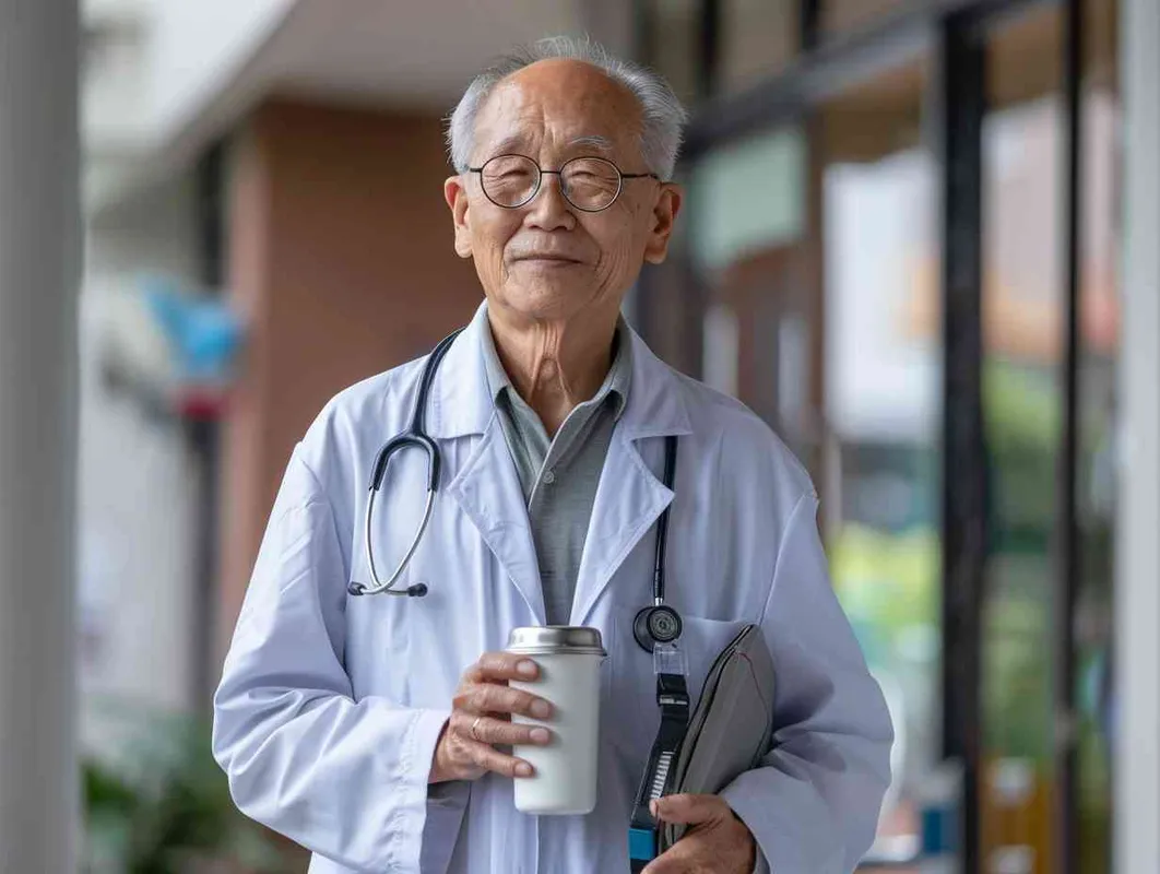 70岁，中国面孔，男，穿着白大褂，手持保温杯，听诊器，小碎步，戴眼镜，慢慢地走，医院门诊，现代环境，真实，沧桑，疲惫，慈祥，和蔼，温柔 - style2部分