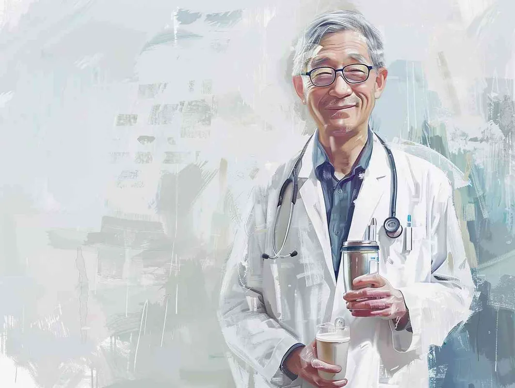 70岁，中国面孔，男，穿着白大褂，手持保温杯，听诊器，小碎步，戴眼镜，慢慢地走，医院门诊，现代环境，真实，沧桑，疲惫，慈祥，和蔼，温柔 - style4部分