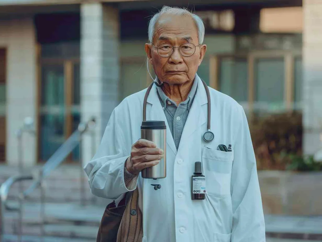 70岁，中国面孔，男，穿着白大褂，手持保温杯，听诊器，小碎步，戴眼镜，慢慢地走，医院门诊，现代环境，真实，沧桑，疲惫，慈祥，和蔼，温柔  - style1部分