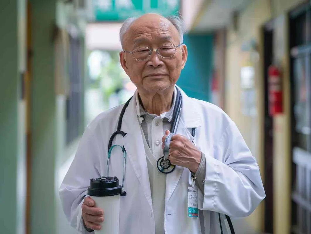 70岁，中国面孔，男，穿着白大褂，手持保温杯，听诊器，小碎步，戴眼镜，慢慢地走，医院门诊，现代环境，真实，沧桑，疲惫，慈祥，和蔼，温柔  - style2部分