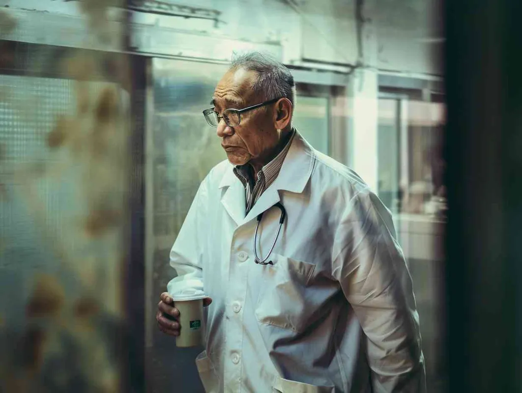 70岁，中国面孔，男，穿着白大褂，手持保温杯，听诊器，小碎步，戴眼镜，慢慢地走，医院门诊，现代环境，真实，沧桑，疲惫，慈祥，和蔼，温柔  - style3部分