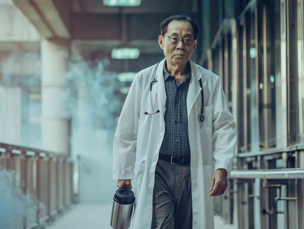 70岁，中国面孔，男，穿着白大褂，手持保温杯，听诊器，小碎步，戴眼镜，慢慢地走，医院门诊，现代环境，真实，沧桑，疲惫，慈祥，和蔼，温柔  - style3部分