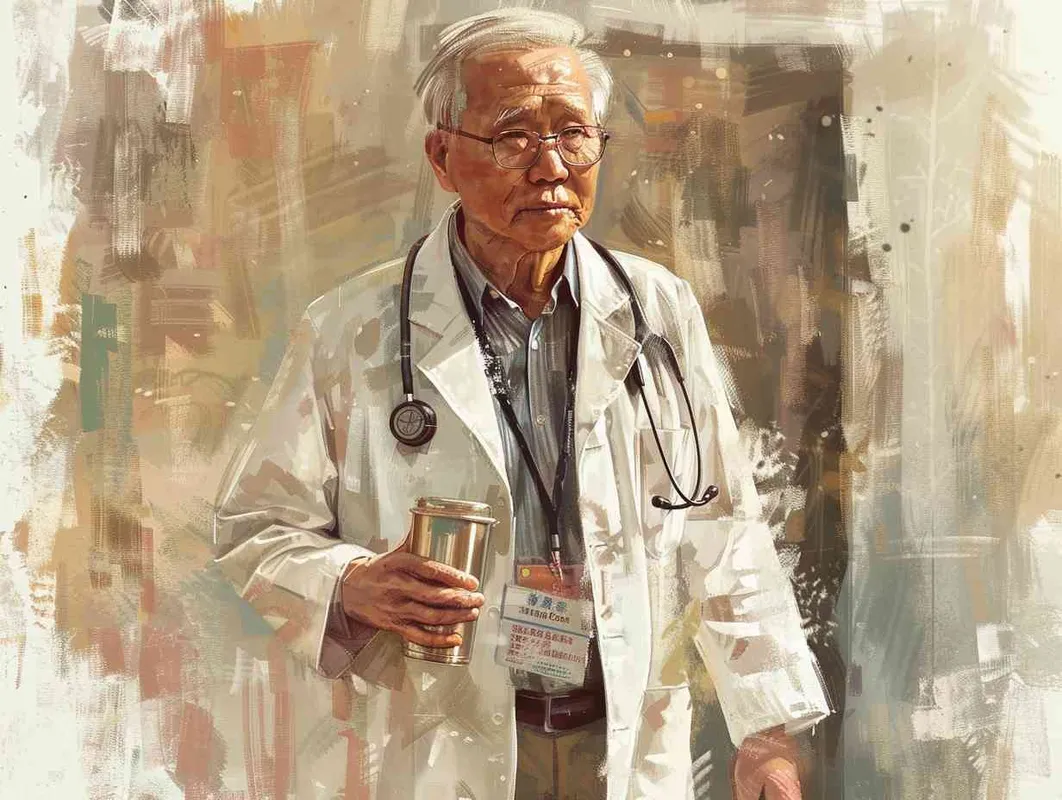 70岁，中国面孔，男，穿着白大褂，手持保温杯，听诊器，小碎步，戴眼镜，慢慢地走，医院门诊，现代环境，真实，沧桑，疲惫，慈祥，和蔼，温柔  - style4部分