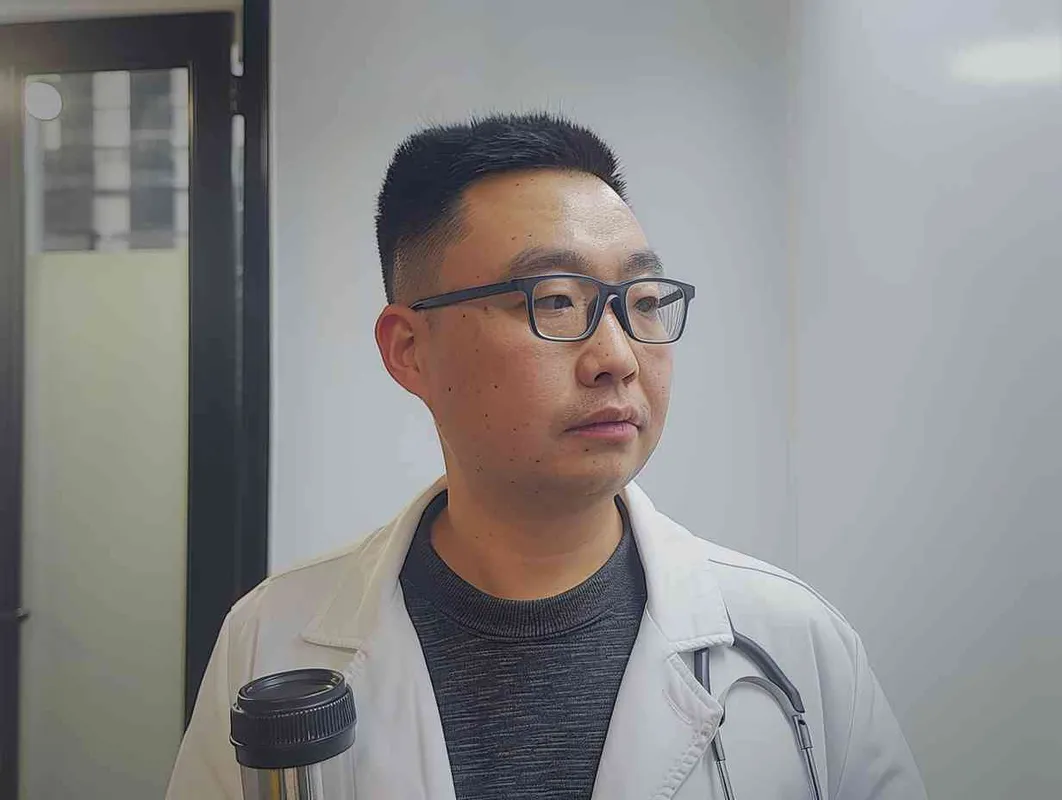 70岁，中国面孔，男，穿着白大褂，手持保温杯，听诊器，戴眼镜，慢慢地走，医院门诊，现代环境，真实，沧桑，疲惫，慈祥，和蔼，温柔 - style1部分
