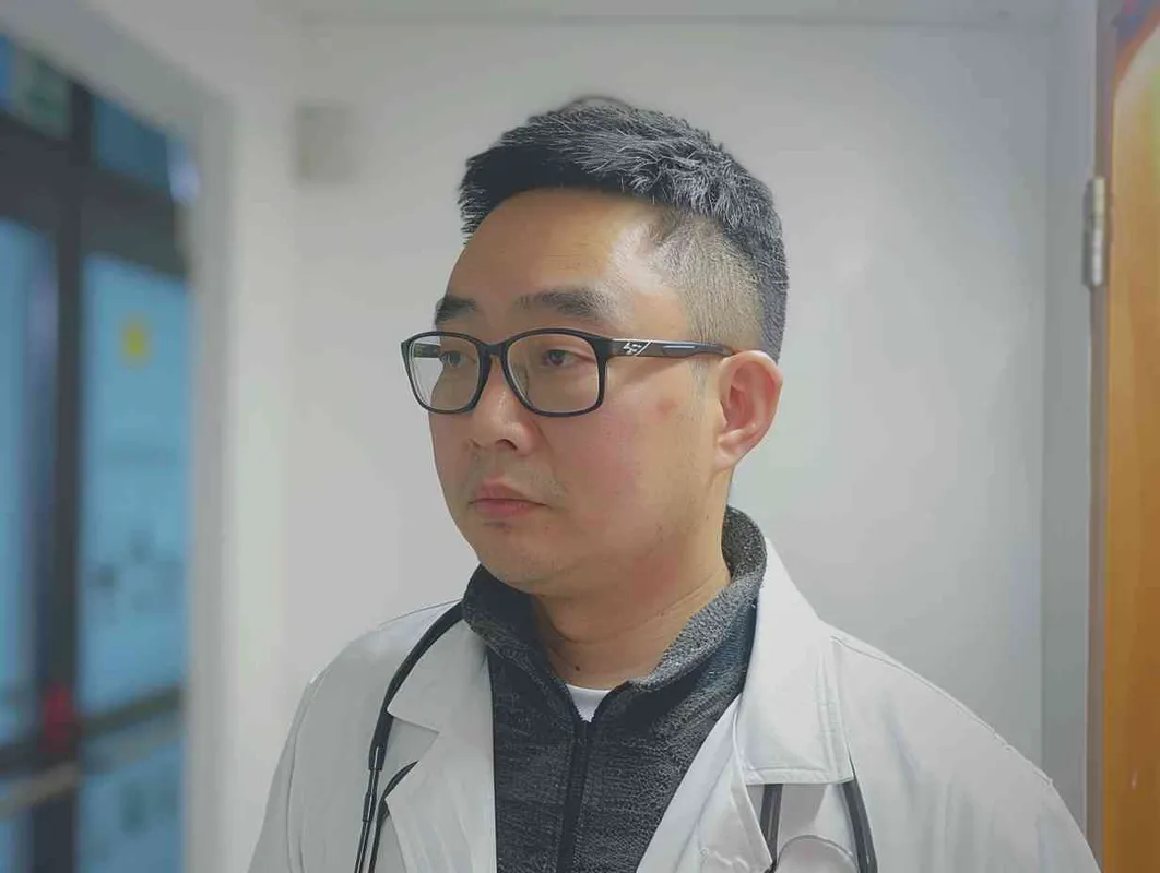 70岁，中国面孔，男，穿着白大褂，手持保温杯，听诊器，戴眼镜，慢慢地走，医院门诊，现代环境，真实，沧桑，疲惫，慈祥，和蔼，温柔 - style2部分